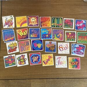 Vintage VTG 2" Square Mixed Lot Classroom Classwork Reward Stickers Lot of 30
